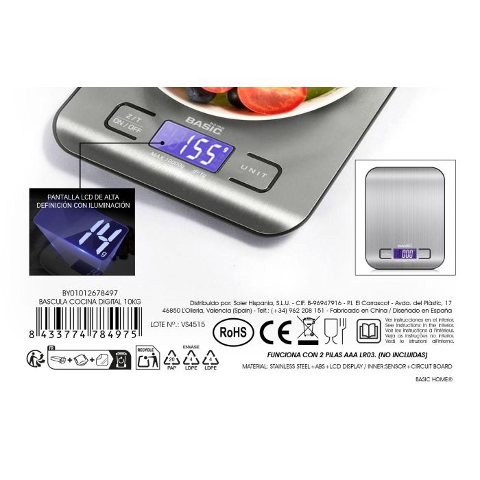Bascula Cocina Digital 10Kg Basic Home (12 Unidades) 12