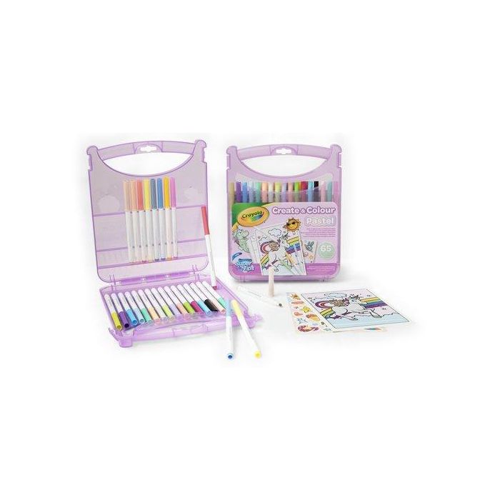 Crayola 25-5239 Maletín Rotuladores Lavables Super Punta 65 Pzas. Colores Pastel, incluye Hojas para Colorear y Pegatinas