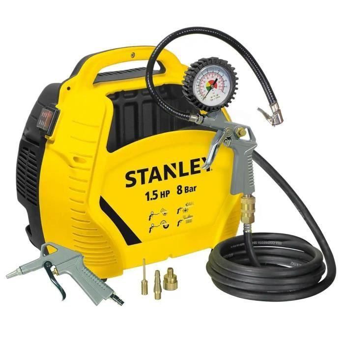Stanley AIR KIT Compresor de aire 1.5 HP sin tanque coaxial sin aceite ultracompacto portátil con kit de inflado, pistola y manguera