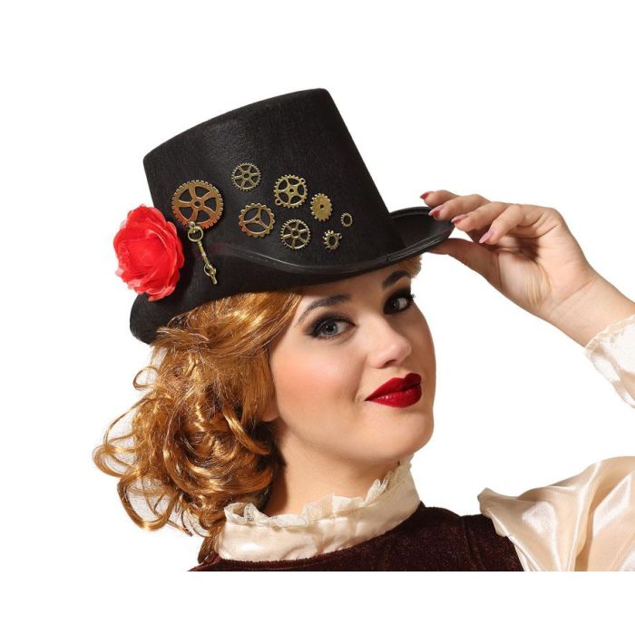 Sombrero Steampunk Negro con Engranajes Dorados y Rosa Roja - Estilo Industrial y Elegante para Disfraces Sombrero Steampunk Negro con Engranajes Dorados y Rosa Roja - Estilo Industrial y Elegante para Disfraces