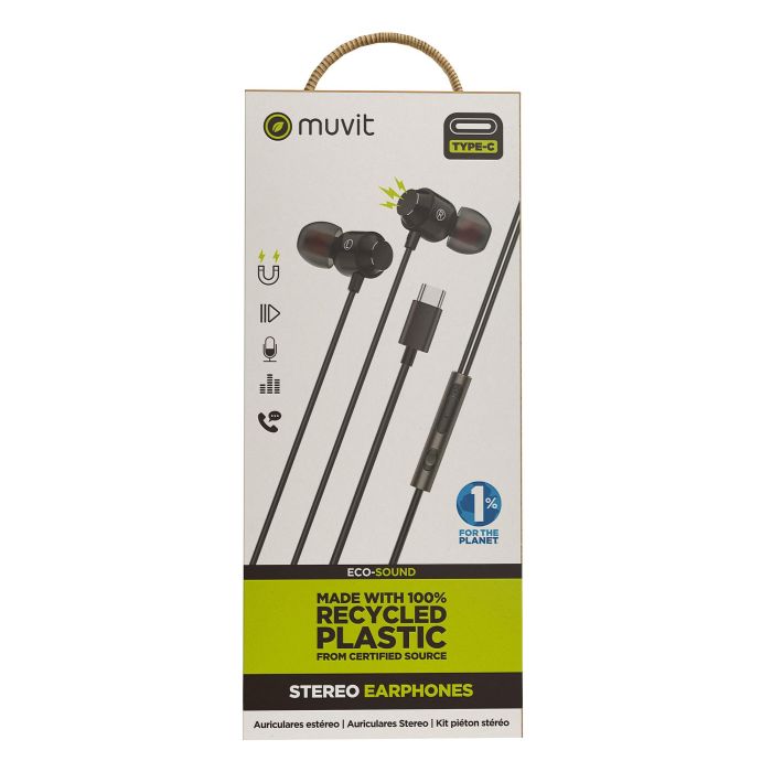 Muvit For Change Auriculares Intrauditivos MCHPH0006 USB Tipo-C Negros con Micrófono Eco-Amigables