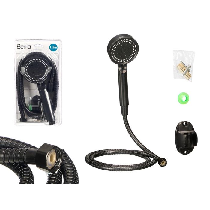 Berilo Teléfono de Ducha Negro con Manguera de 1,5 m - Plástico, 15x28x5.5 cm - Ideal para tu Baño (Set de 12)