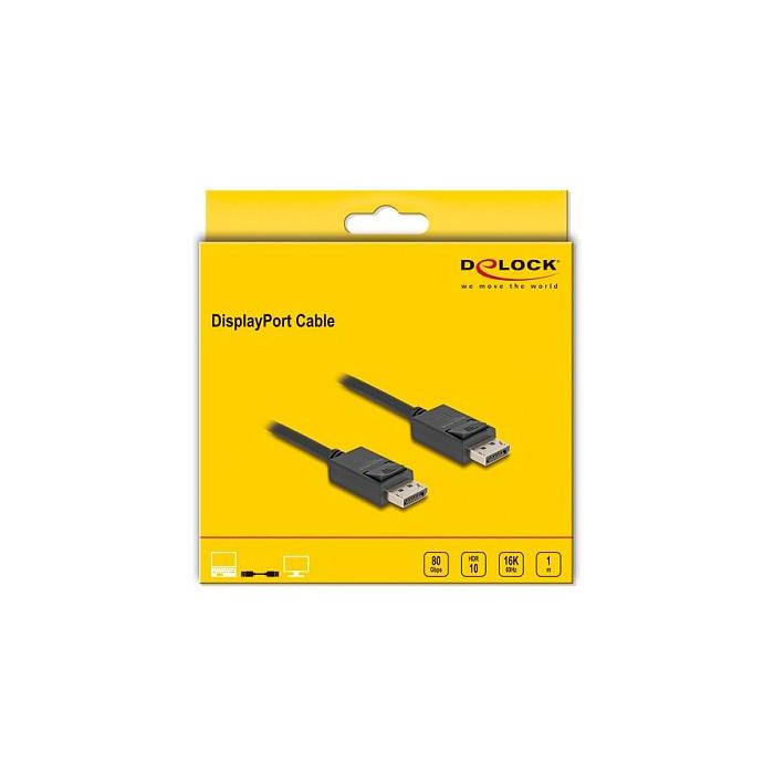 DeLOCK Cable DisplayPort 2.1 (81174) - 1m, Negro, 16K 15360x8640, 80 Gbps, 240 Hz, 32 Canales, Conectores Macho 1