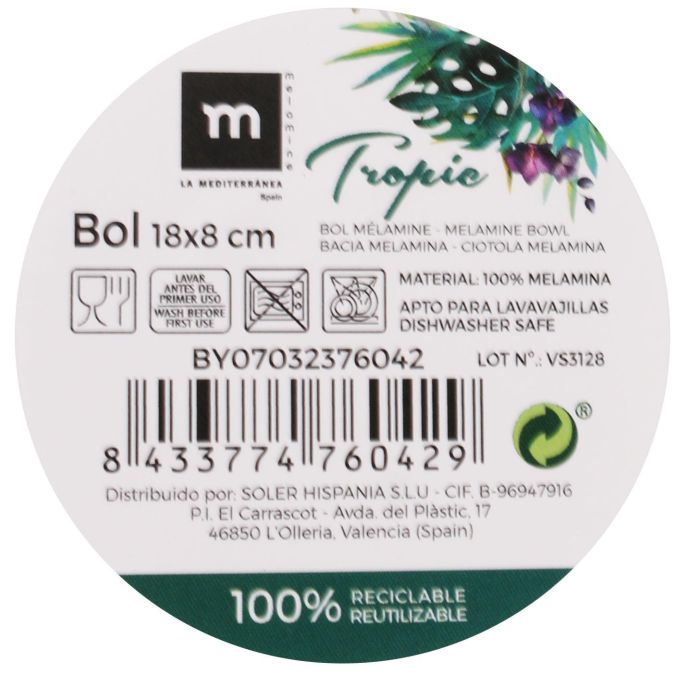 La Mediterranea Bol Melamina Tropic 18 cm x 8 cm Brillo (24 Unidades) 1