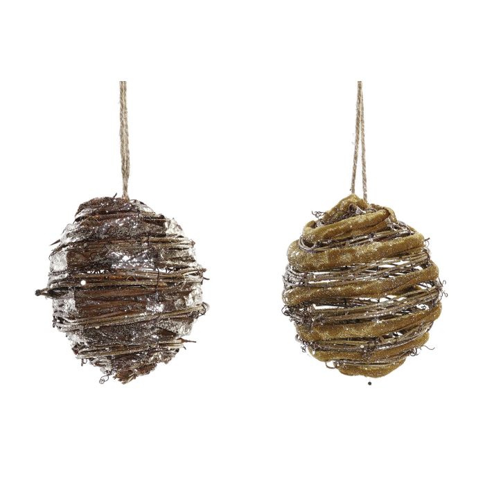 DKD Home Decor Bolas Decoración Navidad Alpina Ratán Yute Surtido 4 Unidades Dorado Plateado Natural 10x10x10 cm