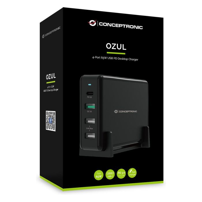 Conceptronic OZUL01B Cargador USB-C 65W Carga Rápida PD 3.0 y QC 3.0 para Nintendo Switch, iPad, iPhone, Samsung Galaxy, con Protección - Negro