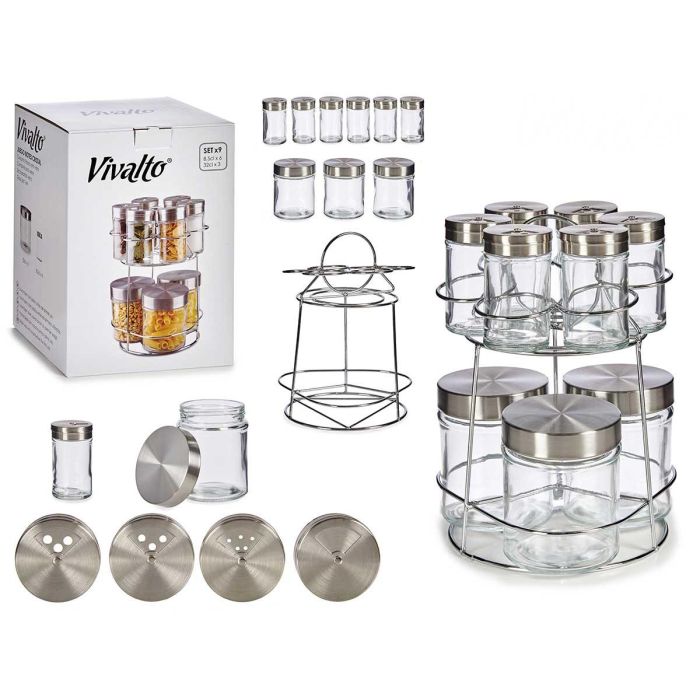 Vivalto Set de 9 Botes de Cristal con Soporte de Metal, 18.5x23.5x19 cm (6 Unidades)