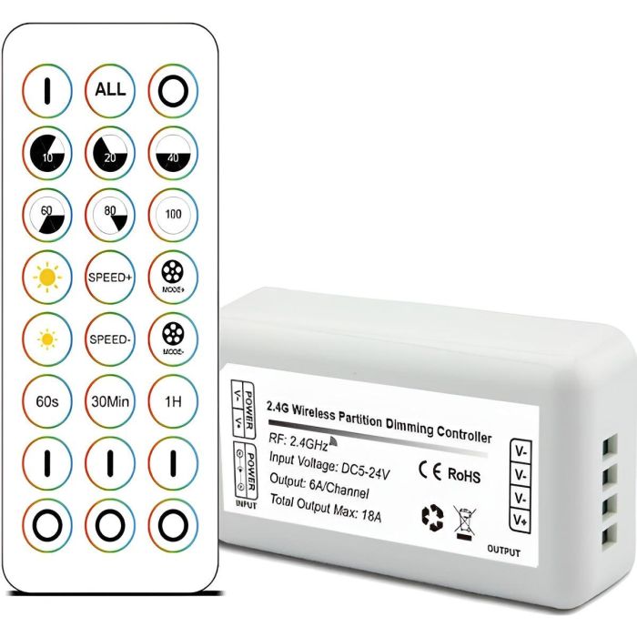 Dimmer LED Táctil 2.4G 3 Zonas Control Remoto para Tiras LED 5V-24V 3 Canales hasta 432W HLP-YS-RF2.4G-01