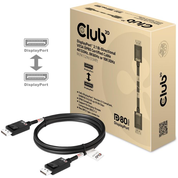 Club3D Cable DisplayPort 2.1 VESA DP80 Certificado, 1.2m, Macho/Macho, 4K240Hz, 8K60Hz, 10K30Hz, Negro 1 Club3D Cable DisplayPort 2.1 VESA DP80 Certificado, 1.2m, Macho/Macho, 4K240Hz, 8K60Hz, 10K30Hz, Negro 1