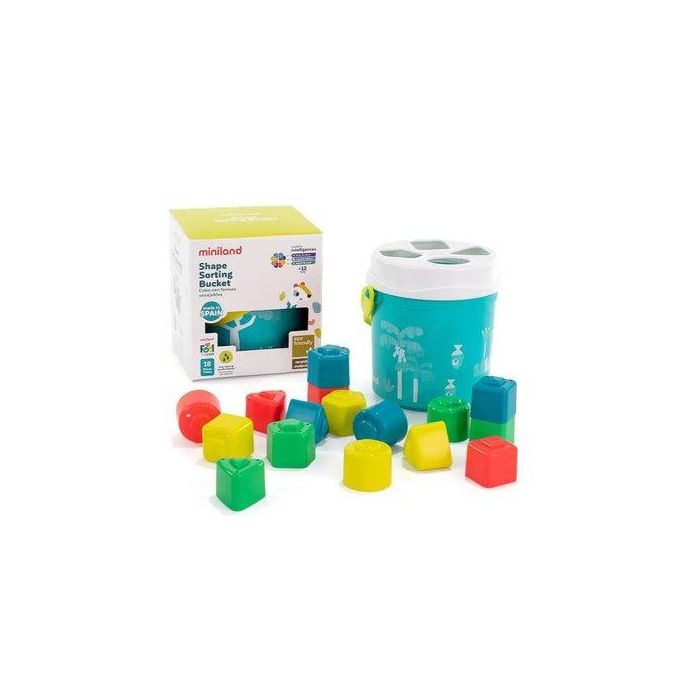 Miniland Juego Didáctico Cubo de Formas Encajables Turquesa - Reconoce Formas y Colores, Material Reciclado