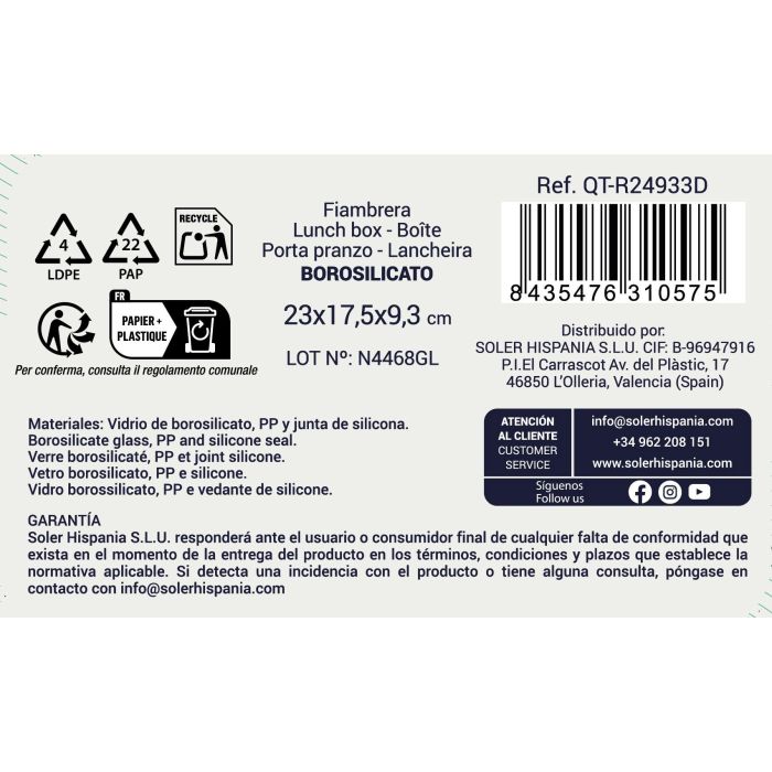 Fiambrera Rect.Herm 23X17.5Cm 1.8L "Qt (6 Unidades) 3 Fiambrera Rect.Herm 23X17.5Cm 1.8L "Qt (6 Unidades) 3