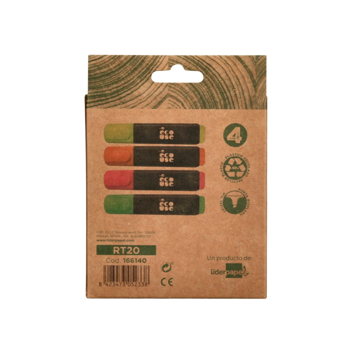 Liderpapel Rotulador Fluorescente Ecológico de Plástico Reciclado, Caja de 4 Unidades, Colores Surtidos 3