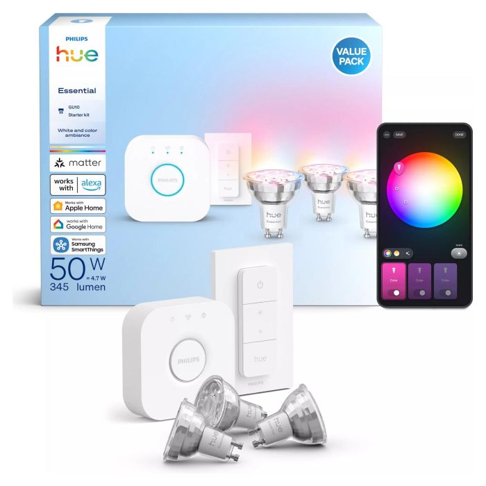 Philips Hue Starter Kit Essential GU10, 3 Bombillas Inteligentes White & Color Ambiance + Puente Bridge V2 + Regulador de Intensidad, Bluetooth/Zigbee, IP20, 16 Millones de Colores 2 Philips Hue Starter Kit Essential GU10, 3 Bombillas Inteligentes White & Color Ambiance + Puente Bridge V2 + Regulador de Intensidad, Bluetooth/Zigbee, IP20, 16 Millones de Colores 2