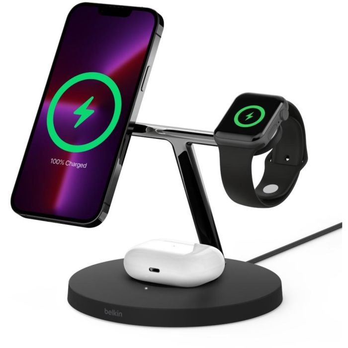 Belkin WIZ017vfBK Cargador Inalámbrico MagSafe 3-en-1 para iPhone 12/13, Auriculares, Smartwatch, Carga Rápida 15W, Negro 0 Belkin WIZ017vfBK Cargador Inalámbrico MagSafe 3-en-1 para iPhone 12/13, Auriculares, Smartwatch, Carga Rápida 15W, Negro 0