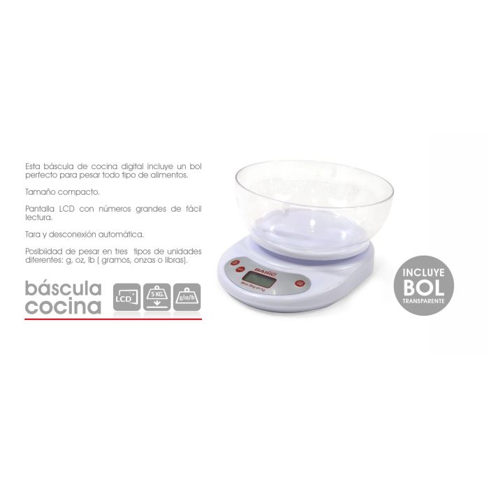 Basic Home Báscula Cocina Digital 5 Kg con Bol Color Blanco (6 Unidades)