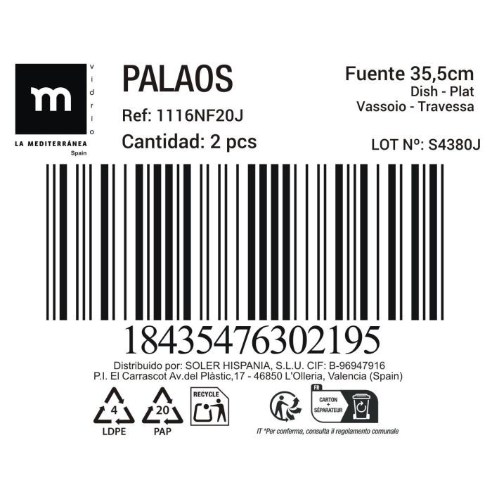 Fuente Rect.35.5Cm Opal "Palaos" Md (12 Unidades) 1