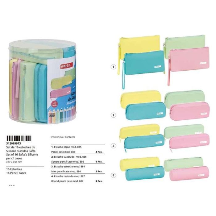 Safta Set de 16 Portatodos de Silicona, Colores Surtidos, Estuches Planos, Cuadrados, Estrechos y Redondos 2