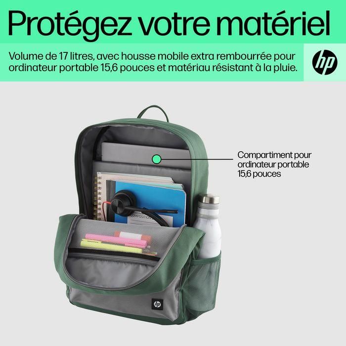 HP Mochila Campus Verde, Extra Segura con Cremallera Bloqueable y Bolsillo Acolchado para Portátil, Materiales Resistentes a la Lluvia