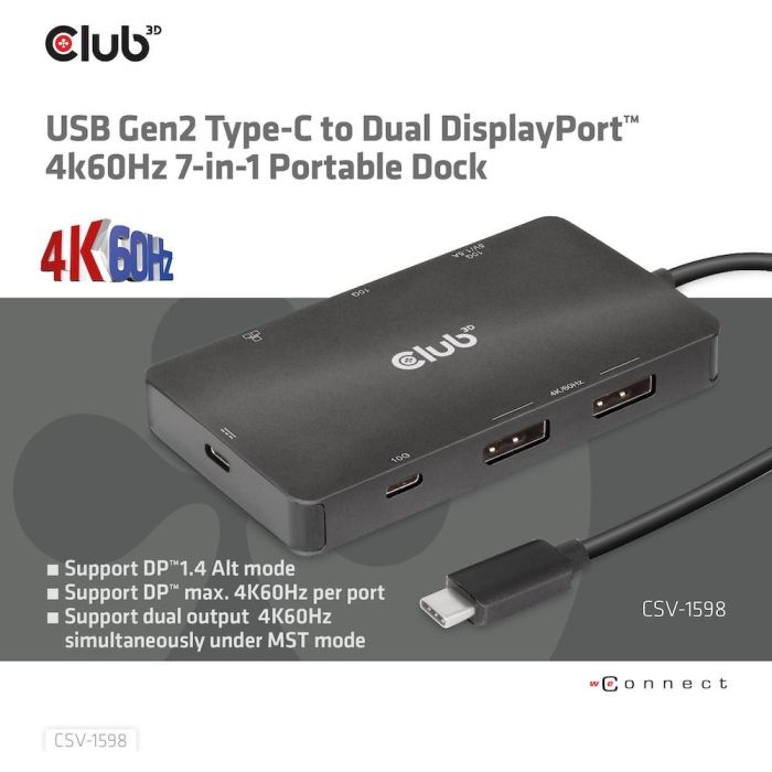 Club3D CSV-1598 Hub USB-C 7 en 1: 2xDisplayPort 4K60Hz, 2xUSB, 2xUSB-C, LAN Gigabit Ethernet, PD 100W 11 Club3D CSV-1598 Hub USB-C 7 en 1: 2xDisplayPort 4K60Hz, 2xUSB, 2xUSB-C, LAN Gigabit Ethernet, PD 100W 11