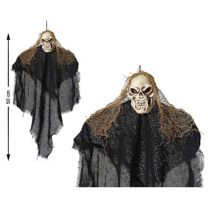 Decoración Colgante Fantasma Con Capa Negra Y Cabello Paja 50 cm Ideal Halloween