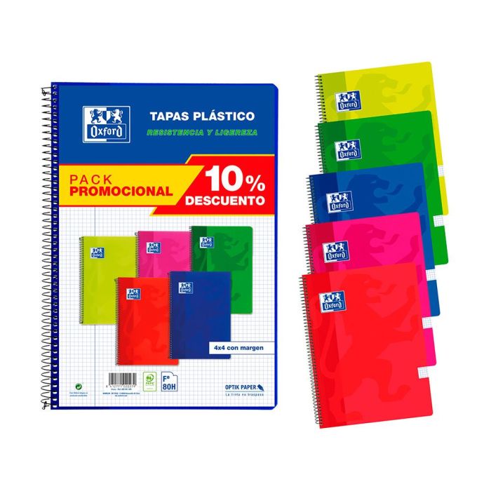 Oxford Cuaderno Espiral 80H Folio 4x4 mm C-Margen Tapa De Plástico Pack 5 Ud 10% Dto C-Surtidos Vivos 1