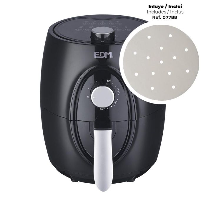 Edm 07788 Freidora de aire 3.6L 1400W con cesta 2.6L regulable 80-200°C temporizador + Papel freidora Ø17cm 100 Uds