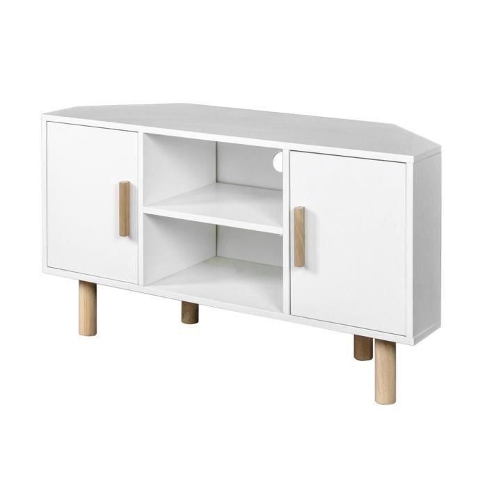 Gabinete de TV de la esquina de Lila - 2 puertas - Decoración de melamina blanca - Pies de madera sólida - L90 x D35 x H55 cm 2