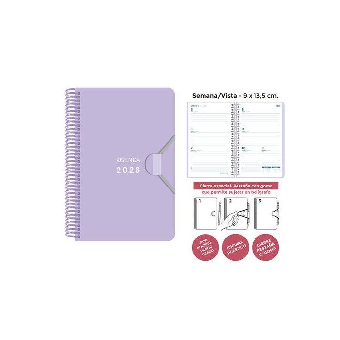 Agenda Anual (2026) Senfort Mini Espiral Tapa Pp Con Goma 90X135 S/V Lila Pastel