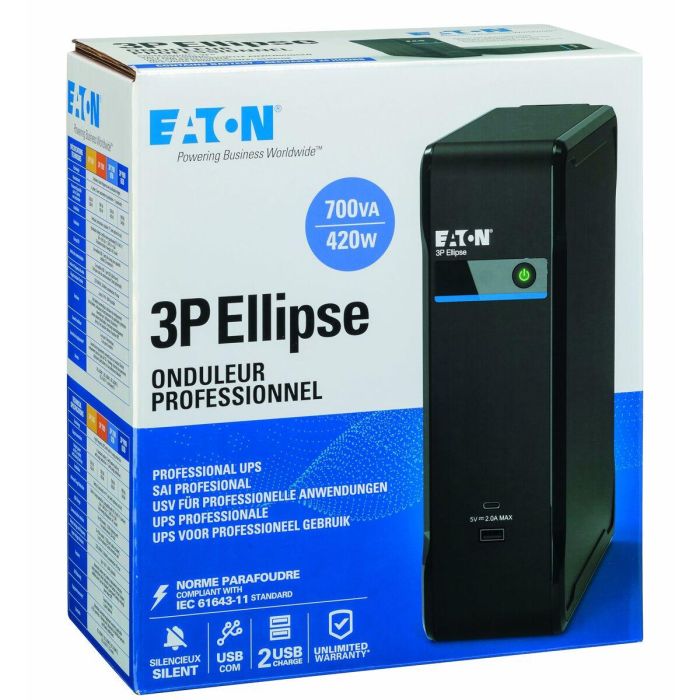 Eaton 3P700UI SAI Ellipse 700VA / 420W para PC profesional o terminal punto de venta Protección contra sobretensiones 3