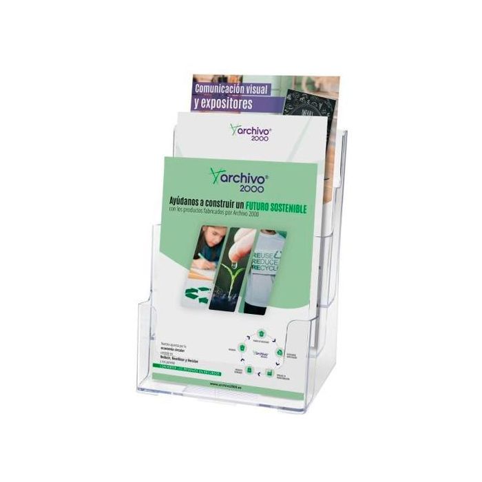 Archivo 2000 Portafolletos de Sobremesa DIN A5 Vertical, 3 Compartimentos, Poliestireno Ultra Transparente