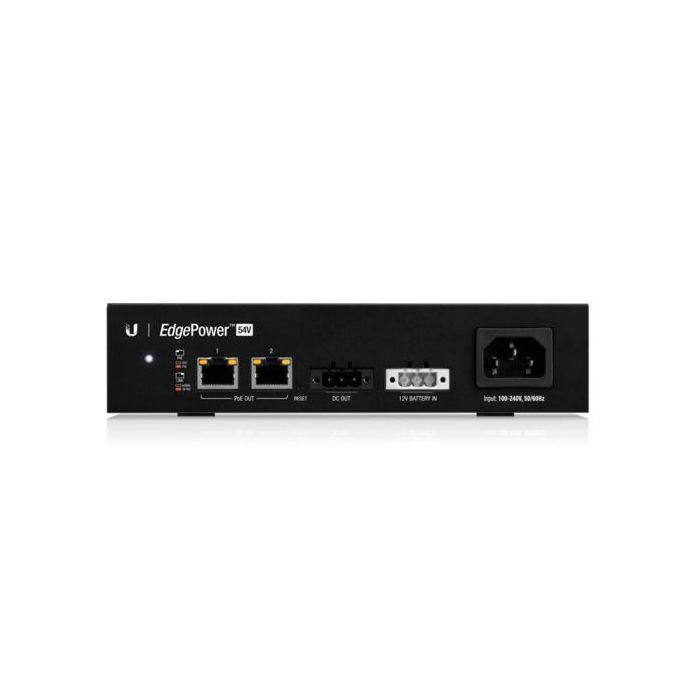 Ubiquiti 100-240VAC, 50-60 Hz, 54V DC Output, 12V Lead Acid Battery Input, Two, 10/100 Ethernet, 54V Passive PoE output, switch-ports 3 Ubiquiti 100-240VAC, 50-60 Hz, 54V DC Output, 12V Lead Acid Battery Input, Two, 10/100 Ethernet, 54V Passive PoE output, switch-ports 3