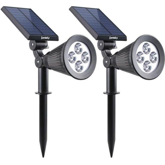 Lumisky Focos solares exteriores impermeables, 2 unidades, 4 LED blancos, 200 Lm, Cabezal giratorio 90°, 2 modos, Autonomía 8-10h, Para suelo/pared