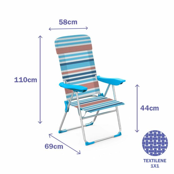 Marbueno Silla Plegable 5 Posiciones Aluminio con Cojin Rayas Naranjas y Azules Playa y Piscina 69X58X110 cm 10465 1