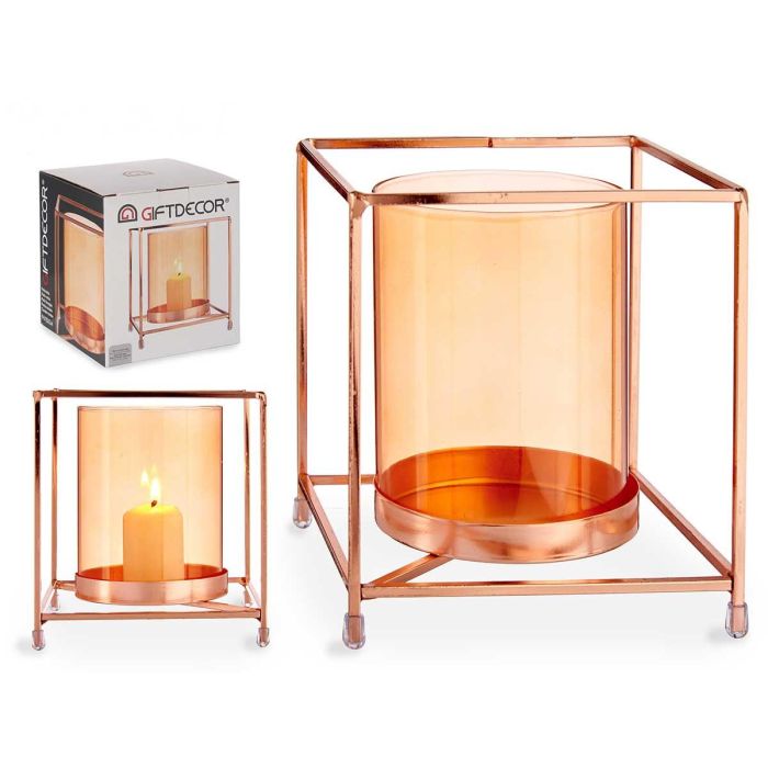 Base Vela Cristal Cuadrada Ámbar con Metal Cobre Giftdecor 14x15.5x14 cm (8 Unidades) Base Vela Cristal Cuadrada Ámbar con Metal Cobre Giftdecor 14x15.5x14 cm (8 Unidades)