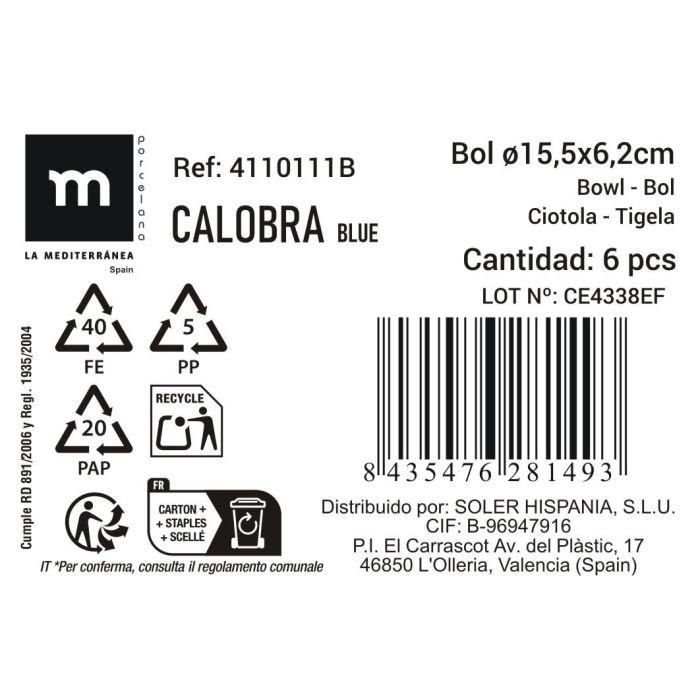 La Mediterranea Bol "Calobra" Azul Ø15.5x6.2 cm (24 Unidades) 4