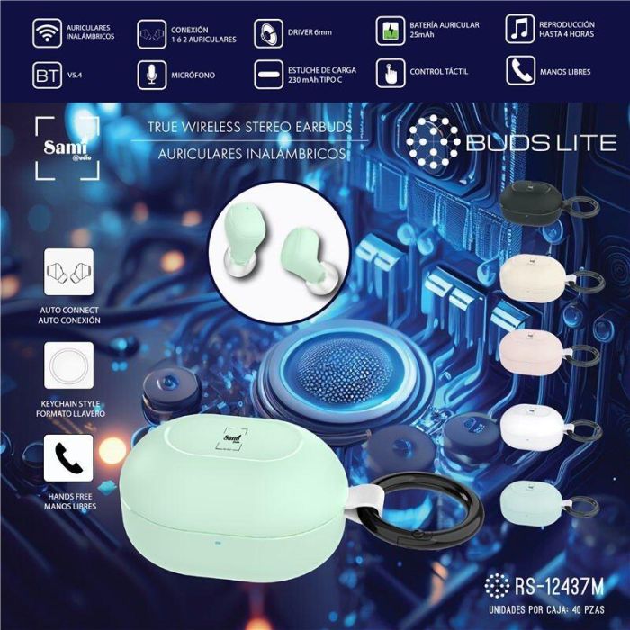 SAMI BUDS LITE TWS Auriculares Bluetooth Inalambricos de Menta con Mini Llavero, Bateria 25mAh