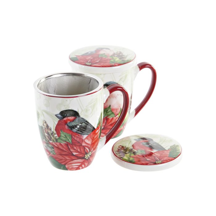 DKD Home Decor Mug Taza Infusiones Navidad Tradicional Porcelana 380ml Rojo Verde Set 2 Unidades Apto Lavavajillas Microondas 1