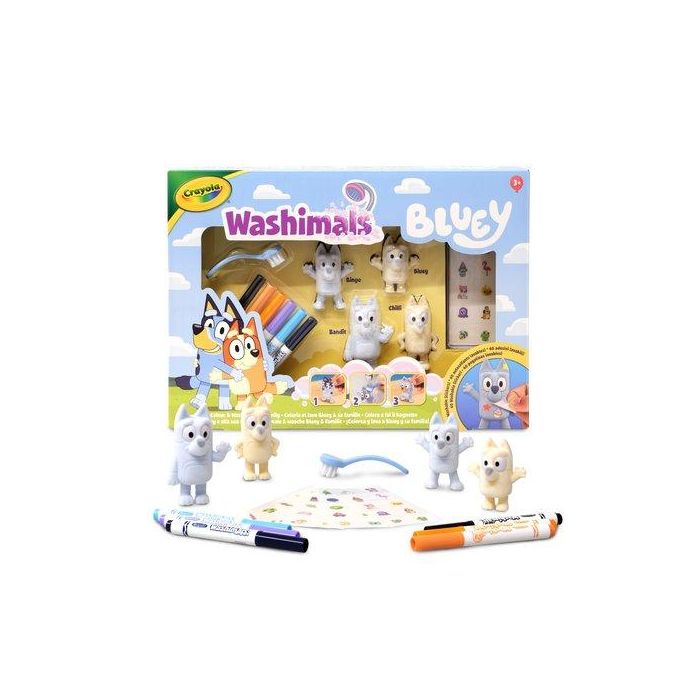 Crayola 74-0253 Washimals Set 4 Mascotas Bluey, Incluye 6 Rotuladores Lavables y Cepillo para Niños +3 Años