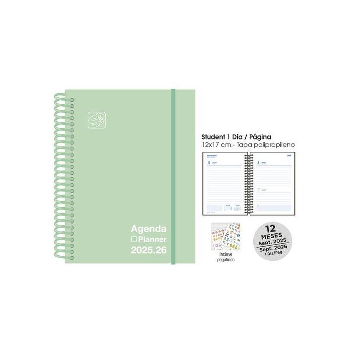 Agenda Escolar (2025-26) Senfort Student Unicolor Espiral Tapa Pp Con Goma 120X170 D/P Pastel Verde