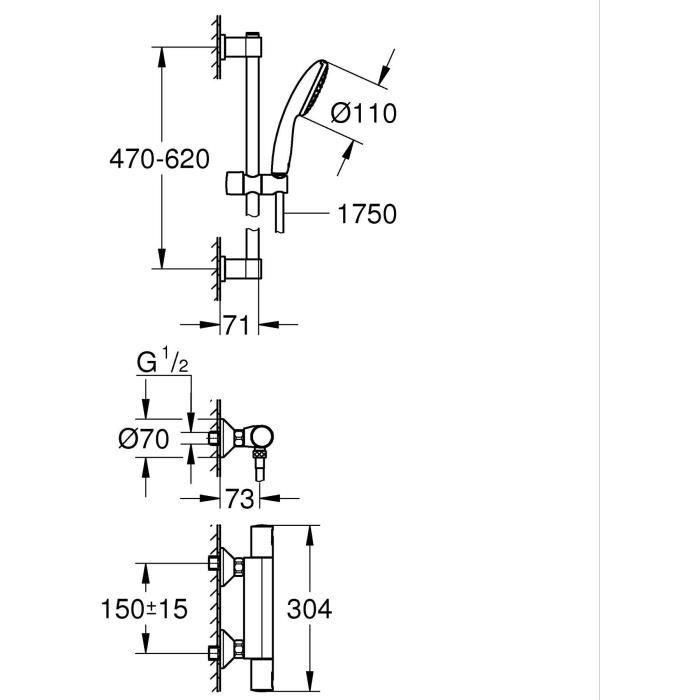 Conjunto de ducha con mezclador termostático, rociador de 1 chorro, barra de 60 cm y flexo - GROHE 34597001 - Ahorro de agua - Cromo 3