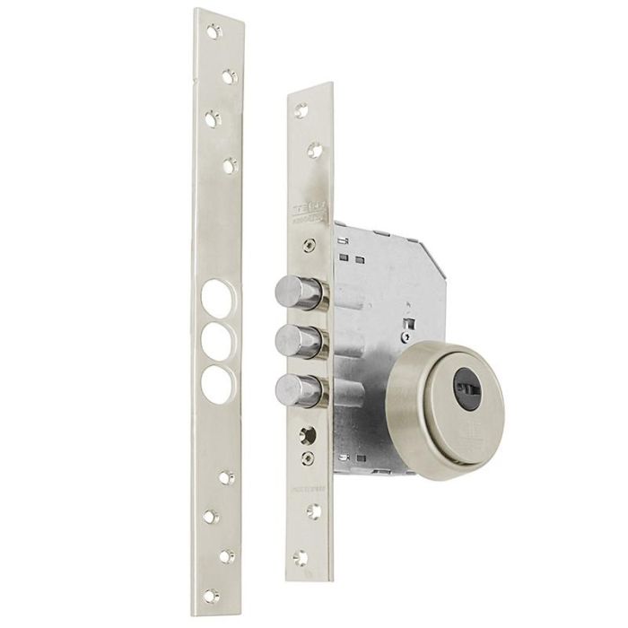 TESA R201B566Ai Cerradura de Empotrar de Seguridad 4 Bulones, Frente Recto Inoxidable, Mecanismo Protegido, Incluye Cilindro T60 y Escudo E700L