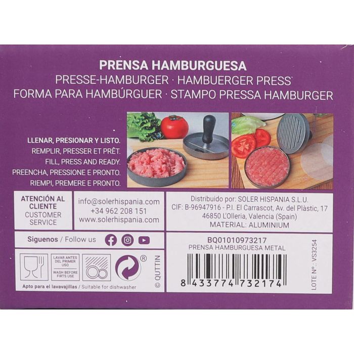 Quttin Prensa Hamburguesa de Metal 12 x 9 cm 221 gramos (12 Unidades) 12