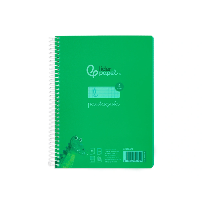 Liderpapel Cuaderno espiral A5 Pautaguía 80 hojas 90gr Cuadro Pautado 4mm con Margen Color Verde Tapa Plástico 1