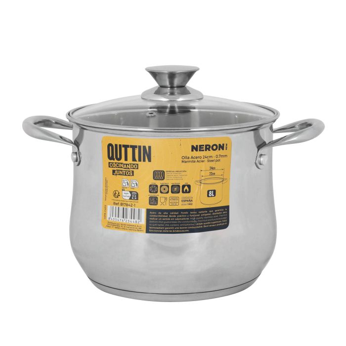 Olla New Neron 24 cm (8L) Acero Inoxidable con Tapa - Quttin (4 Unidades) 1 Olla New Neron 24 cm (8L) Acero Inoxidable con Tapa - Quttin (4 Unidades) 1