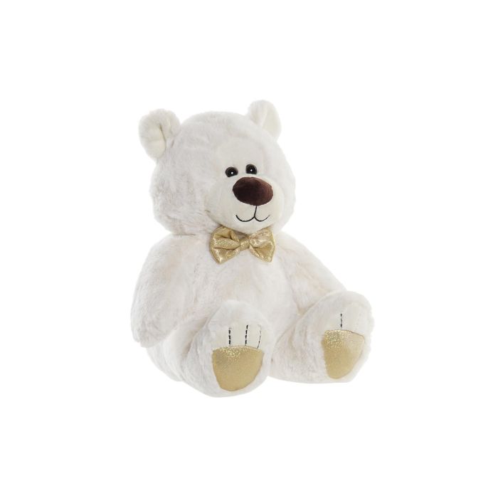 DKD Home Decor Peluche Osito de Poliéster Blanco Dorado con Pajarita para Niños, Decoración Infantil 30x36x30 cm