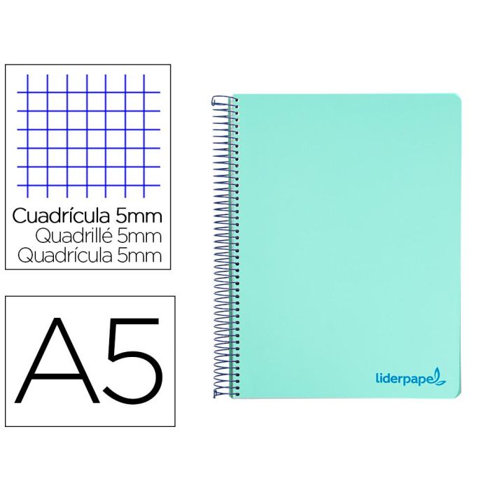 Cuaderno Espiral Liderpapel A5 Micro Wonder Tapa Plastico 120H 90 gr Cuadro 5 mm 5 Bandas 6 Taladros Color Verde