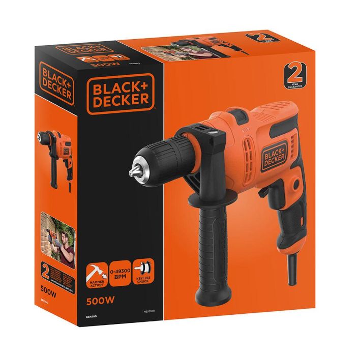 Black+Decker Taladro percutor 500W BEH200-QS - 2900rpm, 13mm portabrocas, hasta 20mm madera, 13mm acero/hormigón 2 Black+Decker Taladro percutor 500W BEH200-QS - 2900rpm, 13mm portabrocas, hasta 20mm madera, 13mm acero/hormigón 2