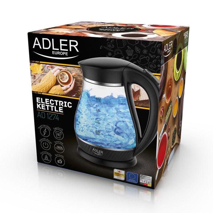Adler Hervidor de agua AD 1274, Cristal, 2200 W, 1.7 L, Apagado Automático, Base Giratoria 360°, Protección contra Ebullición 1