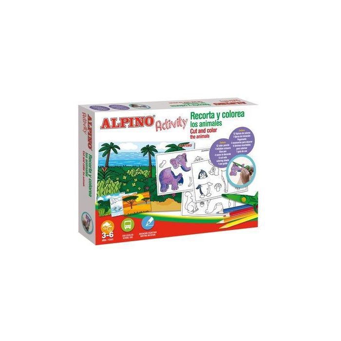 Alpino Activity Recorta Y Colorea Los Animales Kit (12 Lapices Colores + 1 Tijera Iniciacion + Pegamento + 4 Escenarios Para Decorar + 6 Laminas Recortables + Guia Uso)
