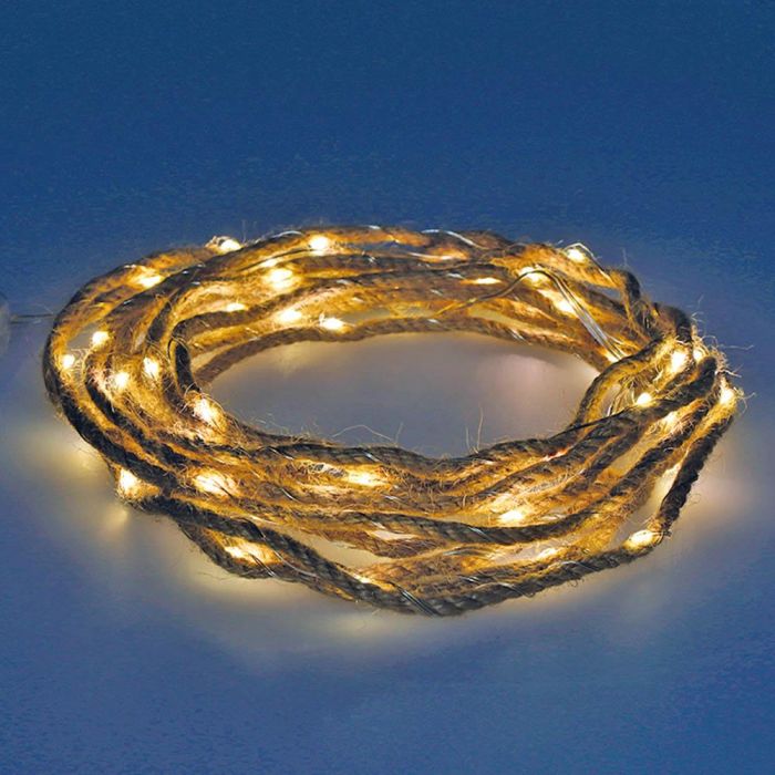 Null Guirnalda a pilas fija 50 microleds luz blanco cálido 5,03m cuerda de yute